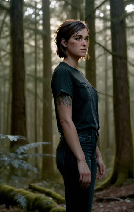 photo of ohxw, ellie, tattoo on left arm, woman, black jeans, full body, skinny, short hair, face details, forest, low key lighting, <lora:2ellie-000003:1>