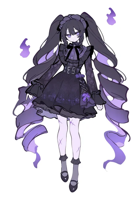 c3styl333, year 2024, masterpiece, best quality, newest, absurdres, highres, full body, white background, 1girl, frills, goth, purple theme, black theme, twin drills, scars, extremely long hair, long sleeves, ghost, socks, lace,