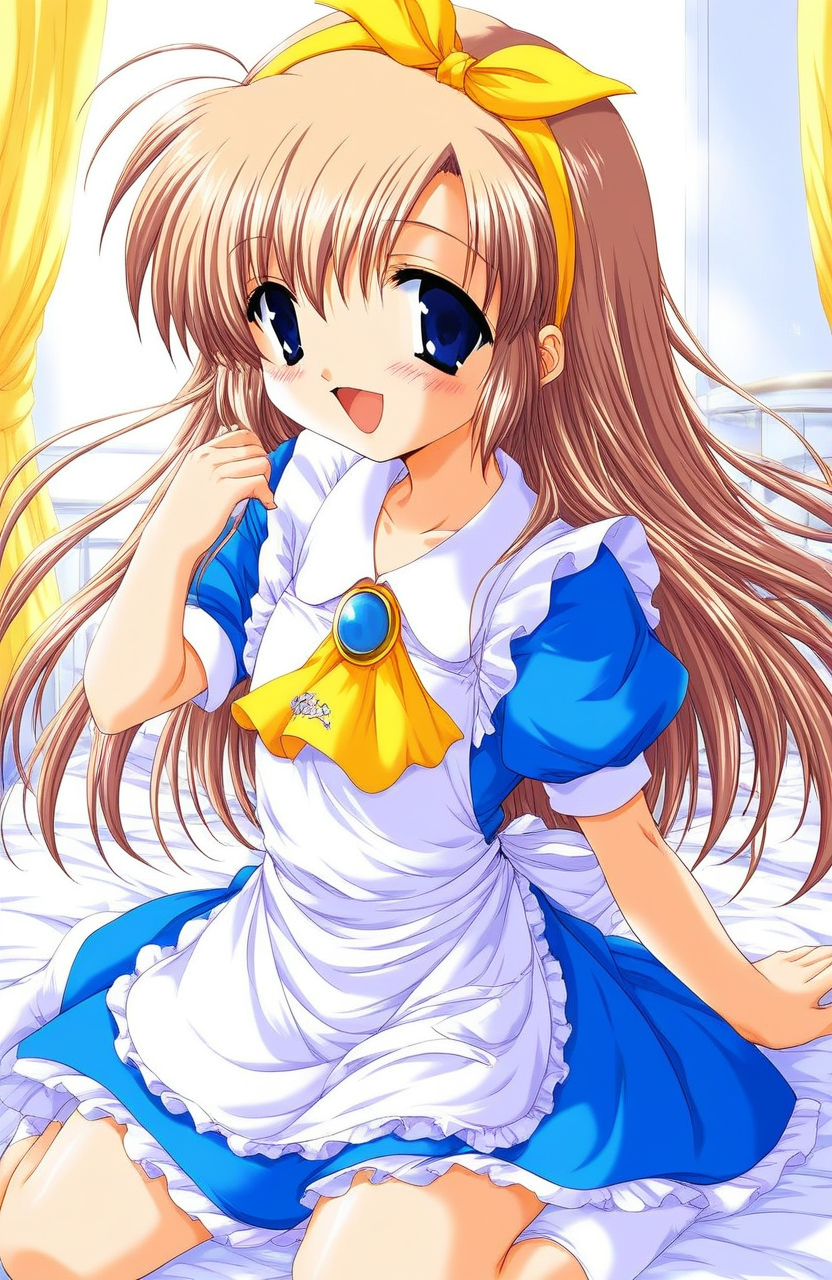 score_9, score_8_up, score_7_up, source_anime, rating_explicit, BREAK <lora:Mizuki_Shiori_XL:1>Mizuki_Shiori, blue eyes, flat chest, brown hair, short stack, happy,
long hair, blue eyes,  hairband, blonde hair, dress, blush, apron, brooch, alice (alice in wonderland), jewelry, Yellow ribbon,  ascot, hair ribbon, short sleeves,
bed room, curtain,