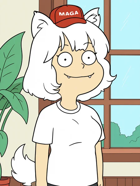 yellow_skin,
Awoo, 1girl, breasts, inubashiri_momiji, white_hair,  red_hat, maga_hat, wolf_ears, wolf_tail, wolf_girl,
solo, window, blonde_hair, indoors, smile, black_eyes, traditional_media, closed_mouth, parody, shirt, white_shirt, fangs, looking_at_viewer,, day, short_hair, plant, cowboy_shot, smile,
<lora:Awoo_Illustrious_SD8:1>  <lora:American_Dad_Illustrious_X1_SD8:1>