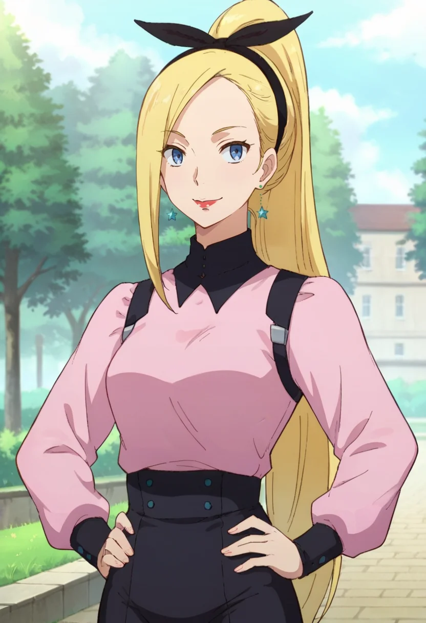 score_9,score_8_up,score_7_up,anime coloring BREAK source_anime,anime,<lora:Mick_Jack_Pony:0.8>,mickjack,1girl,solo,blue eyes,blonde hair,ponytail,long hair,hairband,earrings,lipstick,outfit1,smile,hands on hips,outdoors,
