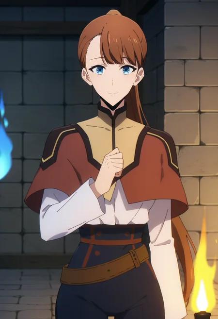 score_9, score_8_up, score_7_up,
<lora:SoloLeveling_LeeJooheeXL:0.8>, LeeJooHeeSL,
1girl, solo, closed mouth, light smile,
brown hair, long hair, blue eyes, blunt bangs, asymmetrical bangs, ponytail, floating hair,
JooHeeOutfit2, yellow capelet, brown capelet, white shirt, shirt tucked in, high-waist pants, long sleeves, belt,
standing, looking at the viewer,
indoors, dungeon, stone wall, wall, stone, blurry background, torch, (blue fire:1.2)