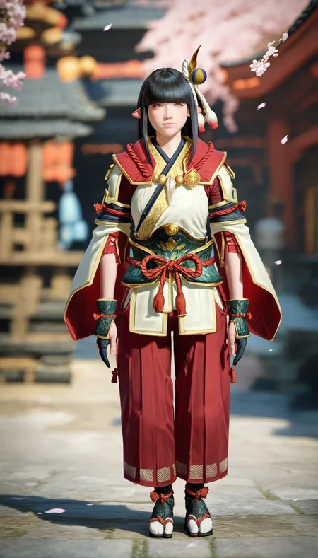 score_9,score_8_up,score_7_up,
<lora:hinoa:0.9>,
mhhinoa,
photorealistic,
1girl,solo,black hair,long hair,blunt bangs,hair ornament,yellow eyes,pointy ears,red and white short cape,shoulder necklace,white japanese robe top,deep red undershirt,green waist armor,detached sleeves,red cut out pants,deep red pants underneath,black fingerless gloves,white tabi sock,black footwear,
full body,standing,
blurry background,outdoors,falling petals,ground,