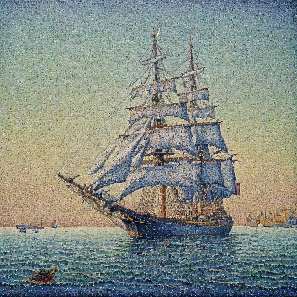 Realistic detailed of frigate by AH_Signac Pointillism dots <lora:Paul_Signac_Neo-Impressionist_dotted_paintings_Pointillism:0.7>