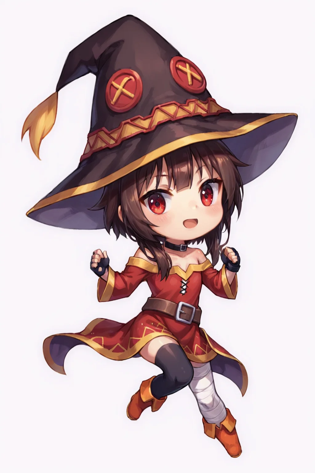 score_9, score_8_up, score_7_up, source_anime, highly detailed, 1girl, megumin, chibi, hat, witch hat, brown hair, staff, short hair with long locks, red eyes, black choker, collarbone, flat chest, off-shoulder dress, dress, red dress, long sleeves, black gloves, fingerless gloves, belt, brown belt, gold trim, asymmetrical legwear, mismatched legwear, bandaged leg, black thighhighs, simple background, white background, <lora:justduet_SDXLPONY_r70_768_dim32-a4-adamW-000009:0.6>, <lora:MeguminWinter:0.2>,