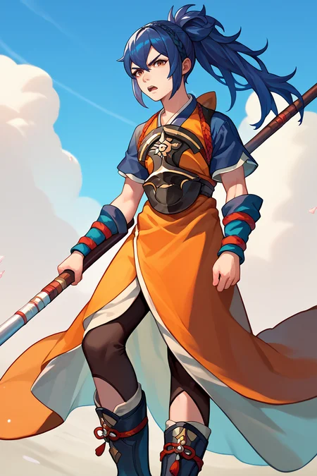 score_9, score_8_up, score_7_up, score_6_up, source_anime, 1girl, solo, <lora:feoboro-pdxl-nvwls-v1-000007:1> feobo, dark blue hair, ponytail, orange dress, blue sleeves, short sleeves, japanese armor, patterned pantyhose, boots, standing, serious, open mouth, holding polearm, blue sky, looking at you