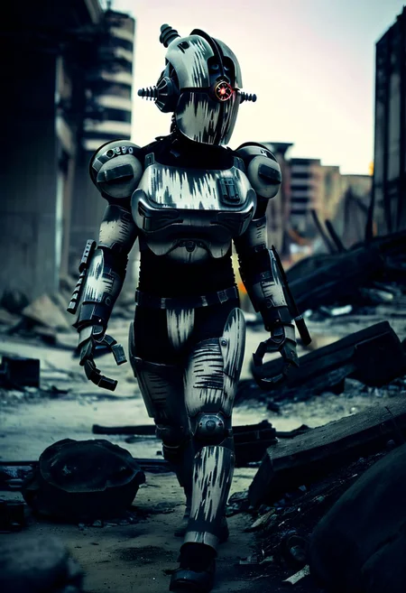 easynegative, extremely detailed, dark, chiaroscuro, low-key, AssaultronCosplay, zavy-strps, a light gray assaultron robot, ((the assaultron has black stripes painted on its armor)), ((tiger stripe pattern)), in a burned out post-apocalyptic city, falloutlandsdxl