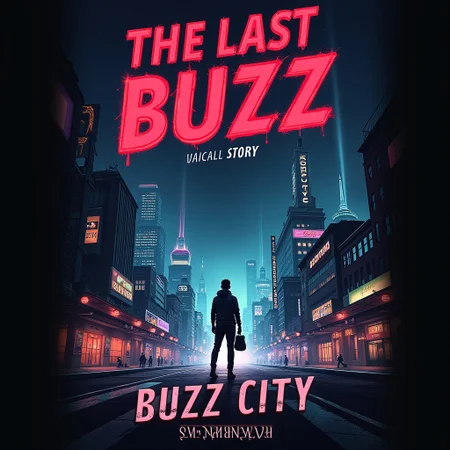 Realistic Dark Action movie poster with the title "The Last Buzz 6: Buzz City", with the scenario of a synthwave city.