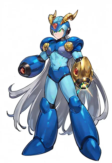 masterpiece, best quality, amazing quality, highres, high resolution, solo, score_9, score_8_up, score_7_up, 1boy, male focus, :green_eyes, blue_helmet, blue_armor, blue_bodysuit, white_gloves, blue_boots, arm cannon, very long hair, grey hair, large pectorals, ex kulve taroth alpha armor, gold horns, gold gauntlets, black knee boots, gold pauldrons full body,