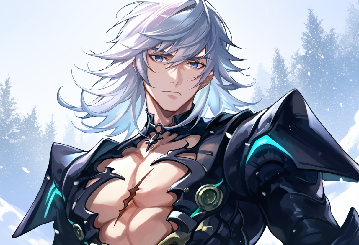 (score_9:0.9),score_8_up,score_7_up,anime style,rating_safe,(zPDXL),<lora:XB2 Jin ponyXL v3:0.7>,Jin-xb2, black armor, true form, 1boy, male focus, solo, looking at viewer, upper body, closed mouth, scar on chest, snow, low light