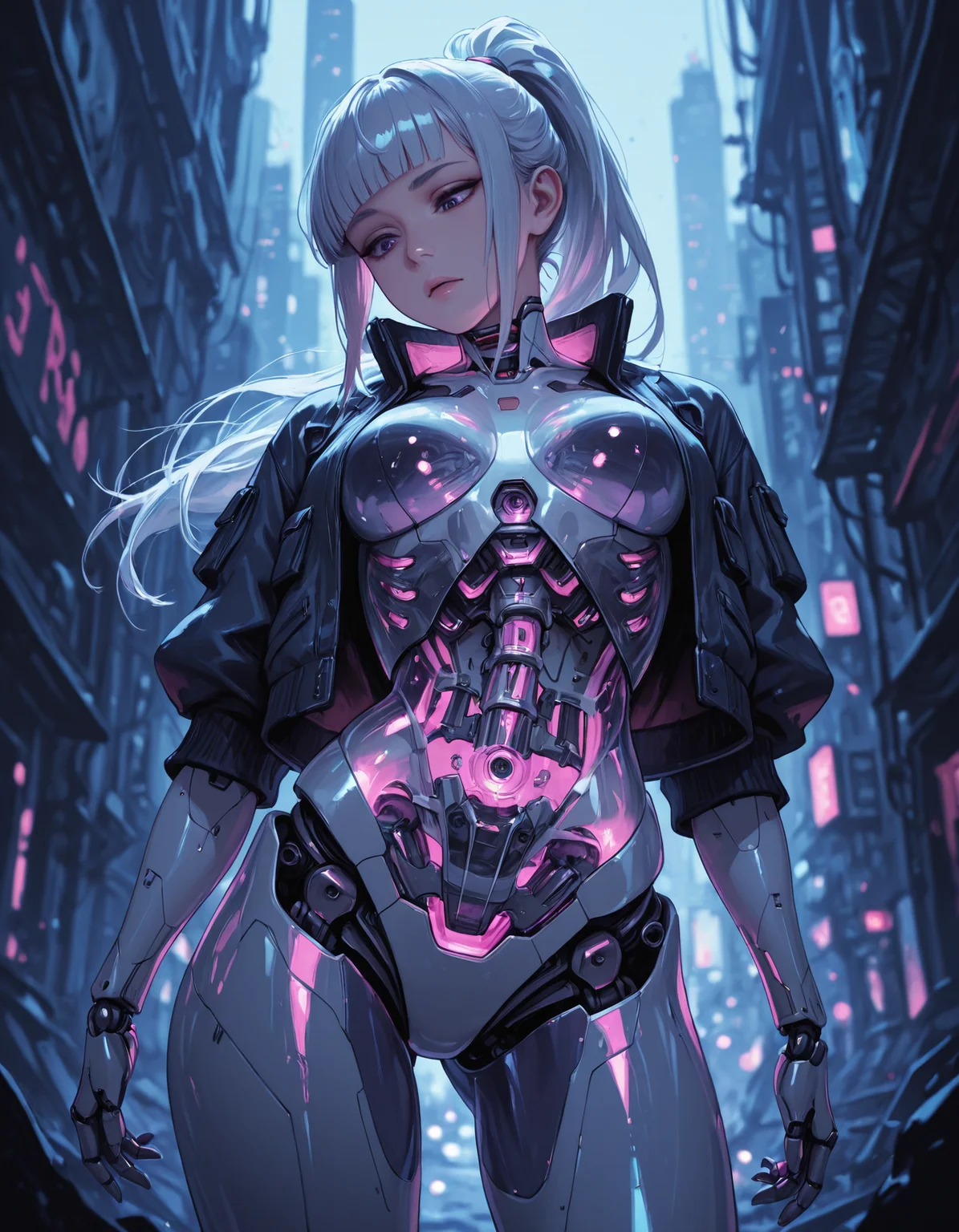 masterpiece, best quality, (ultra detailed, very aesthetic, hdr, 8K), very awa, newest, highres, absurdres, adult, 1woman, solo, long hair, cowboy shot, dynamic pose, silver hair, ponytail, short sleeves, open jacket, blunt bangs, purple eyes, robot, science fiction, blurred background, cyberpunk city, joints, robot joints, transparent mechanical parts, transparent body, looking down, neon theme, inner glow, cyberpunk, limited palette, traditional media, illustration