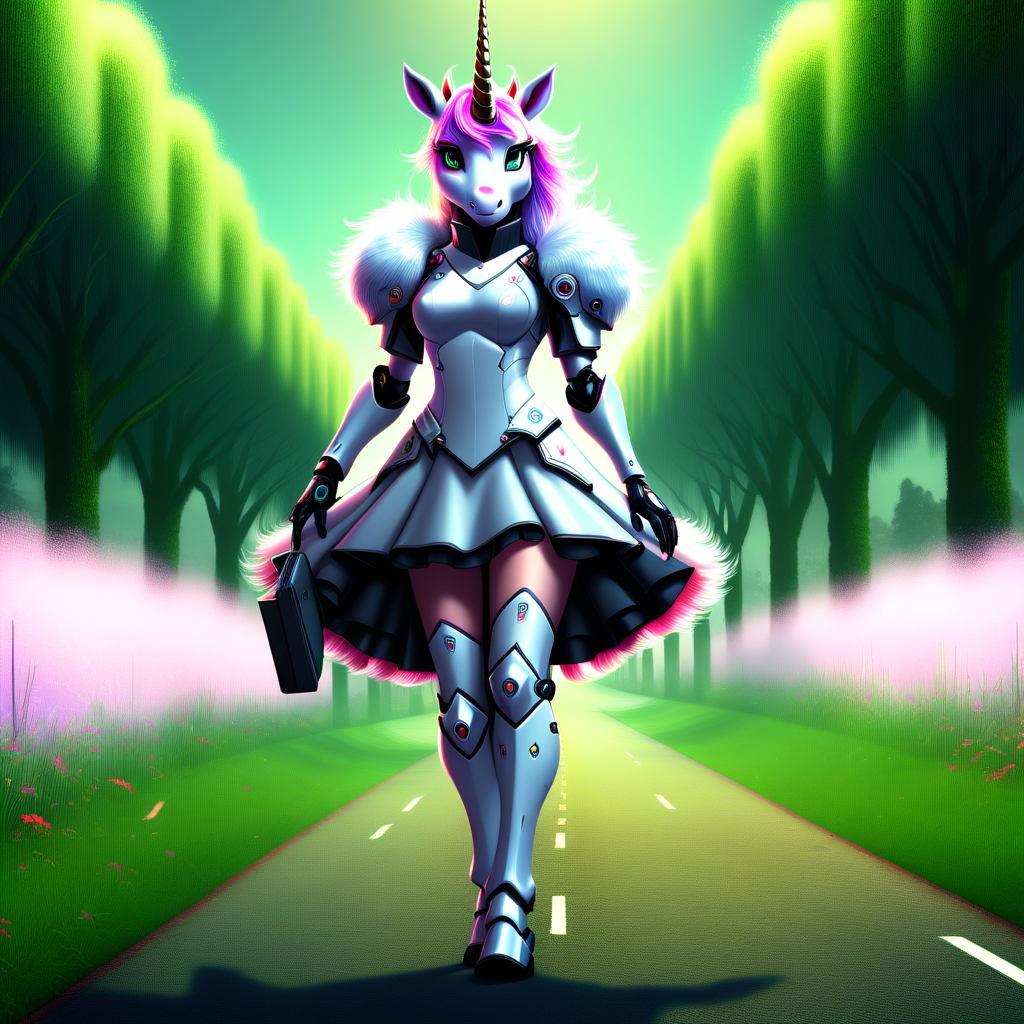 android, furry female, grass, formal, cyborg, unicorn, skirt, 1girl, road