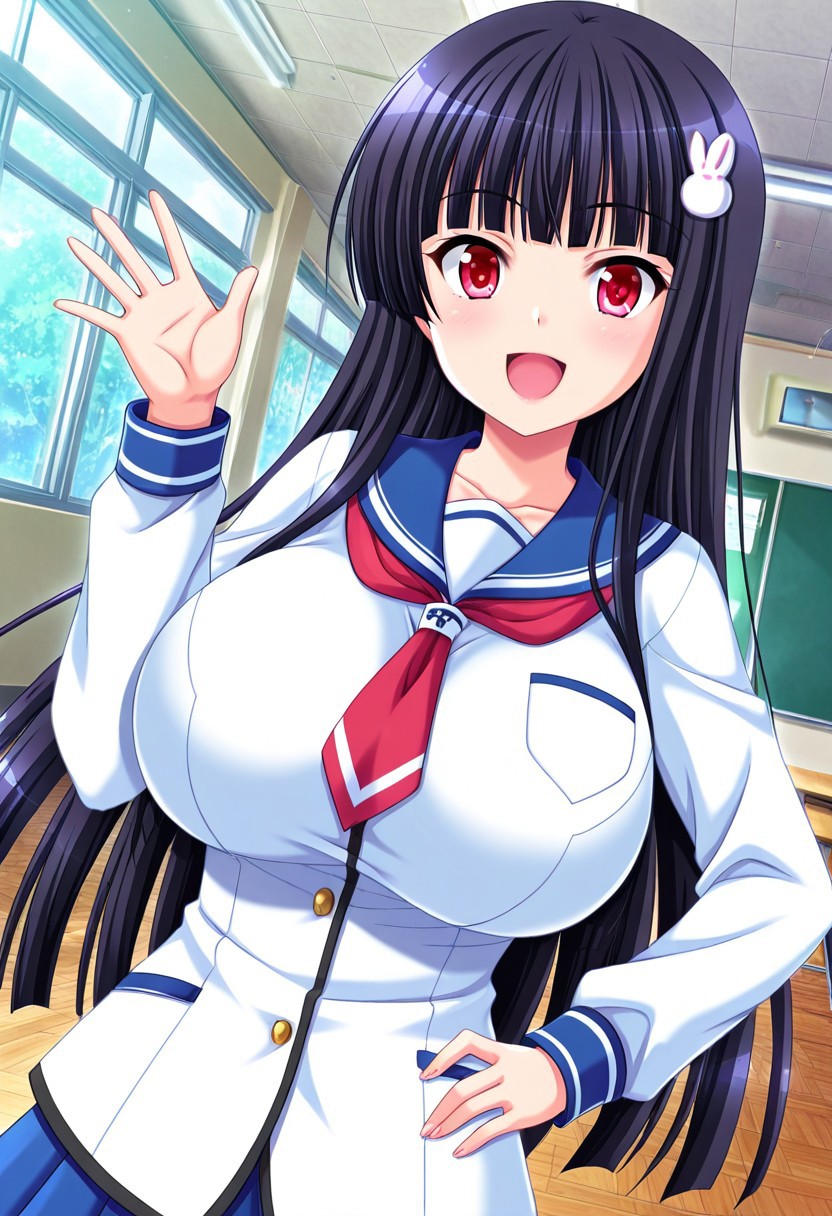 general,highres, ultra-detailed,very aesthetic,best quality ,best hands,best eyes,easynegative,
dynamic anglre, dutch angle, anime cloring,anime screencap,
1girl solo,looking at viewer,school, indoors, hand on hip,smile,open mouth, waving hand,
Mifuyu Komachi,black_hair, long_hair, hair_ornament, red eyes, huge_breasts, school uniform,