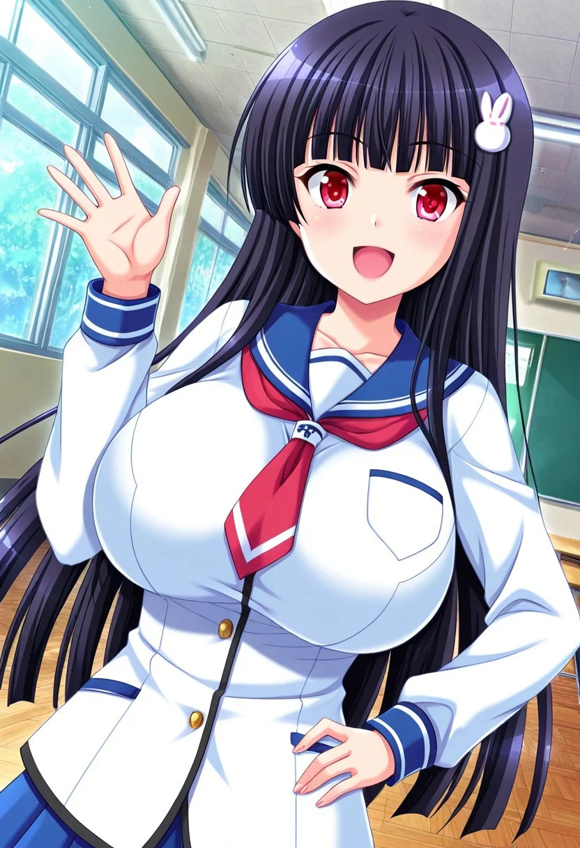 general,highres, ultra-detailed,very aesthetic,best quality ,best hands,best eyes,easynegative,
dynamic anglre, dutch angle, anime cloring,anime screencap,
1girl solo,looking at viewer,school, indoors, hand on hip,smile,open mouth, waving hand,
Mifuyu Komachi,black_hair, long_hair, hair_ornament, red eyes, huge_breasts, school uniform,
