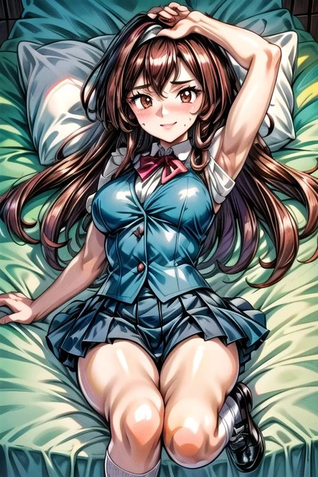 <lora:Giselle_Pokemon-07:0.8>, 1girl, solo, long hair, looking at viewer, smile, upper teeth, bangs, skirt, simple background, brown hair, shirt, brown eyes, school uniform, full body, white shirt, short sleeves, pleated skirt, shoes, socks, puffy sleeves, miniskirt, black footwear, vest, puffy short sleeves, blue skirt, kneehighs, white socks, black background, mary janes, blue vest, Happy, Lying on Back, sweat, solo focus, lying, armpits, on back, outstretched arms, spread arms, pillow, arm grab, bed, sleeveless,