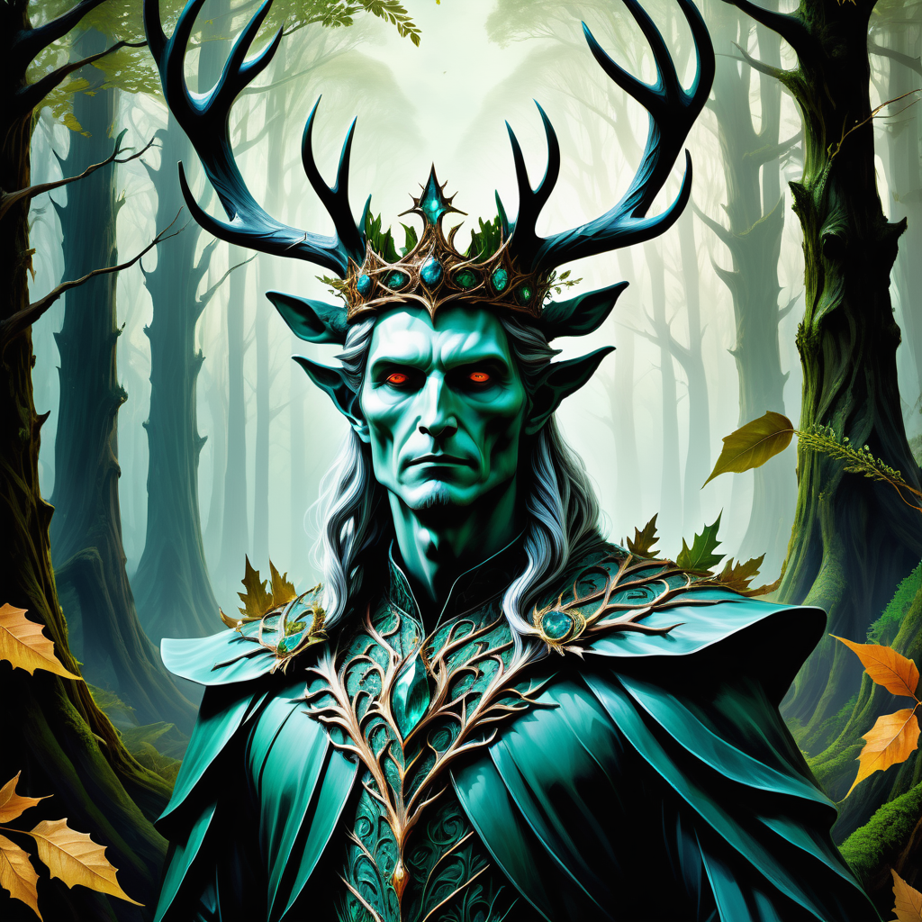 hyper detailed masterpiece, dynamic, awesome quality,erlking, tall regal ghostly figure, elegant ethereal appearance elaborate forest inspired clothing, crown made of leaves and branches,antlers, distinctive captivating eyes, linked with forests and nature spirits, connection to the wild hunt, sense of melancholy and mystery