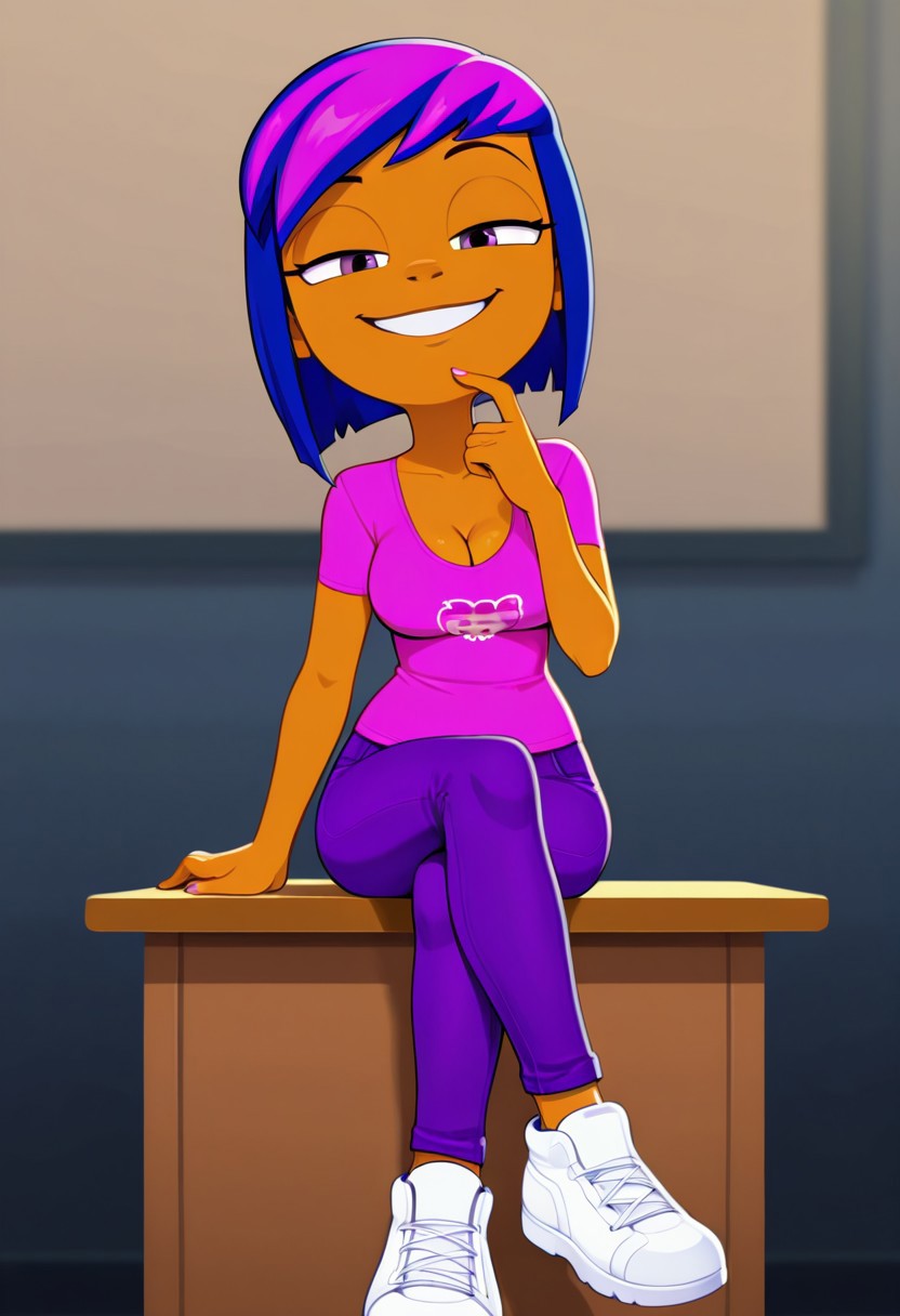 1 girl, solo, multicolored hair, blue hair, short hair, tan skin, pink t-shirt, purple jeans, white shoes, smiling, looking at viewer, sitting, sitting on desk, sexy, seductive, teasing, flirting, tall, tall height, cleavage, crossed legs, finger on chin,