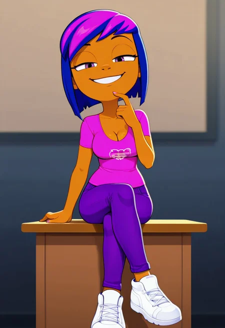 1 girl, solo, multicolored hair, blue hair, short hair, tan skin, pink t-shirt, purple jeans, white shoes, smiling, looking at viewer, sitting, sitting on desk, sexy, seductive, teasing, flirting, tall, tall height, cleavage, crossed legs, finger on chin,