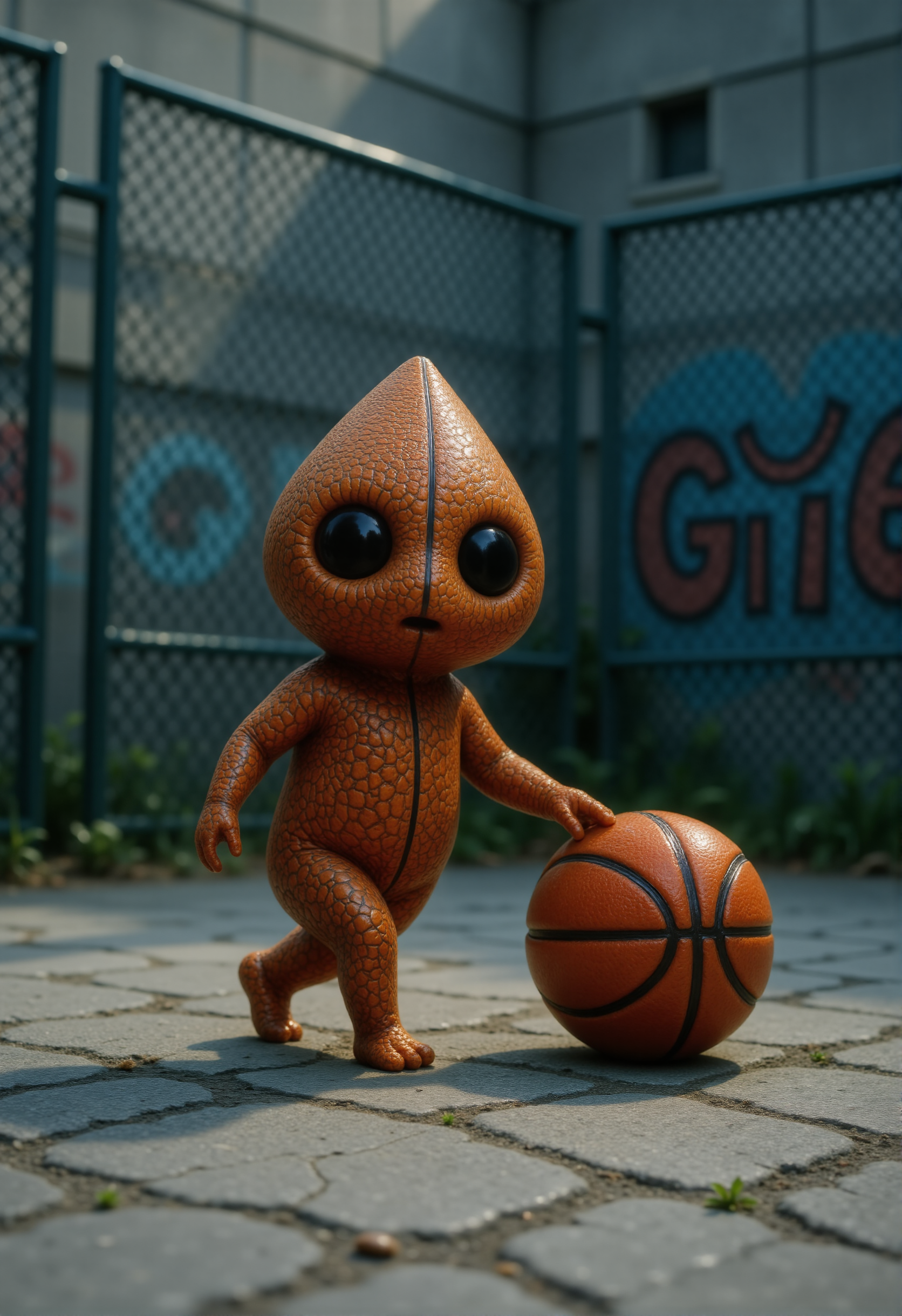 A tiny Kodama forest spirit dribbles a giant basketball on a cracked outdoor court. Its body is smooth and round, patterned with the orange texture and black lines of a basketball. Its triangular head features large, dark eyes focused intently forward. One small arm is extended, tapping the oversized basketball that dwarfs the Kodamaâs size. Surrounding the court, towering chain-link fences rise high, and colossal cracked concrete slabs and graffiti-covered walls loom overhead, emphasizing the Kodamaâs miniature scale in this urban playground. <lora:Kodama_V1:1>