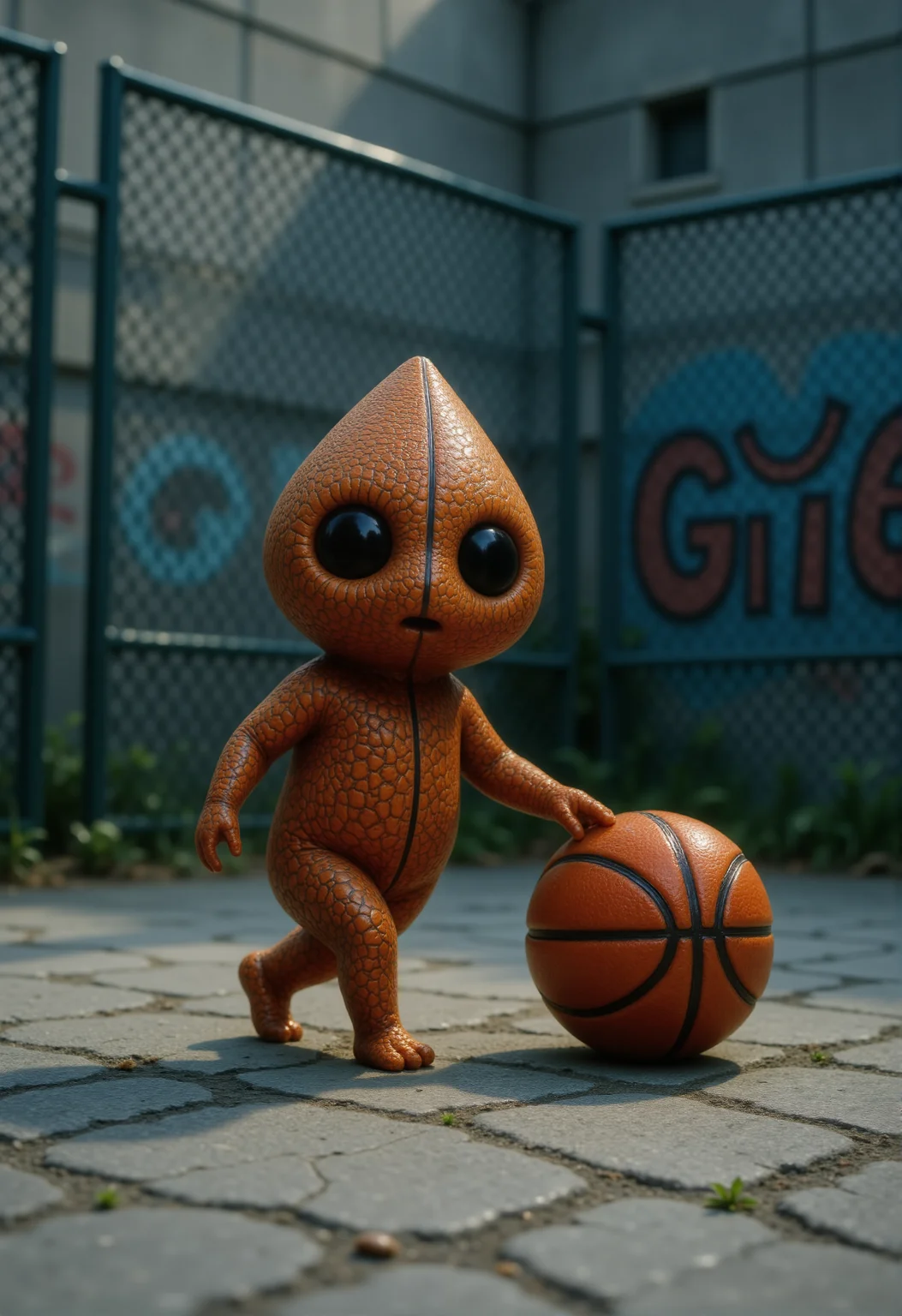 A tiny Kodama forest spirit dribbles a giant basketball on a cracked outdoor court. Its body is smooth and round, patterned with the orange texture and black lines of a basketball. Its triangular head features large, dark eyes focused intently forward. One small arm is extended, tapping the oversized basketball that dwarfs the Kodamaâs size. Surrounding the court, towering chain-link fences rise high, and colossal cracked concrete slabs and graffiti-covered walls loom overhead, emphasizing the Kodamaâs miniature scale in this urban playground. <lora:Kodama_V1:1>