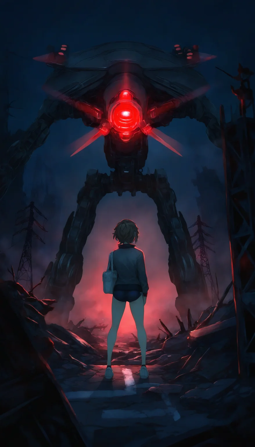 masterpiece,best quality,amazing quality,
<lora:natsunominamiNAI:1>,natsunominami,
1girl,solo,brown hair,short hair,grey jacket,gym uniform,blue gym shorts,black ankle socks,white sports shoes,full body,standing,back view,shoulder bag,outdoors,night,ruins,large red glowing robot monster in the background,complex wires and metal parts,fog,glowing lights,red light beam,broken road,broken transmission tower,soft lighting,