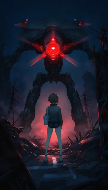 masterpiece,best quality,amazing quality,
<lora:natsunominamiNAI:1>,natsunominami,
1girl,solo,brown hair,short hair,grey jacket,gym uniform,blue gym shorts,black ankle socks,white sports shoes,full body,standing,back view,shoulder bag,outdoors,night,ruins,large red glowing robot monster in the background,complex wires and metal parts,fog,glowing lights,red light beam,broken road,broken transmission tower,soft lighting,