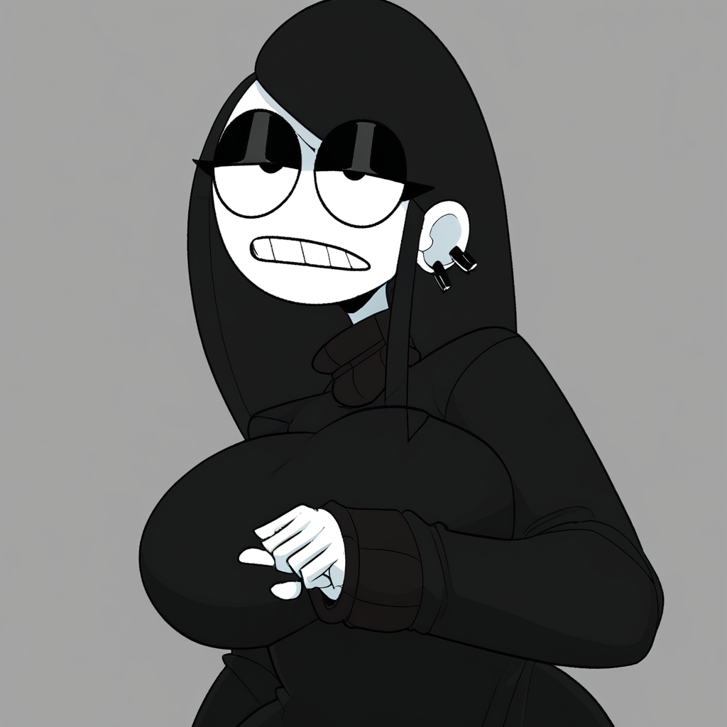 Veronica, 1girl, solo, breasts, black sweater, long hair, black hair, earrings, teeth, score_9