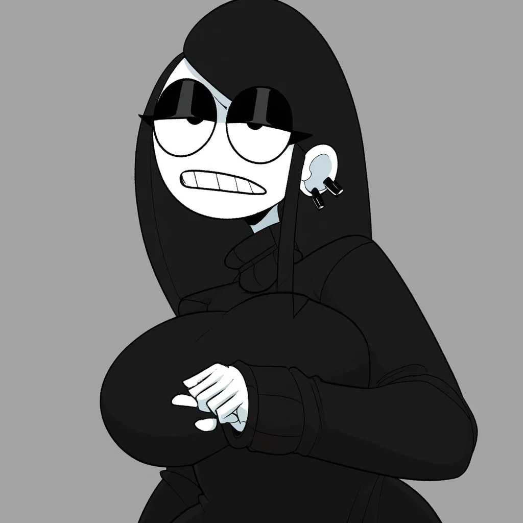 Veronica, 1girl, solo, breasts, black sweater, long hair, black hair, earrings, teeth, score_9