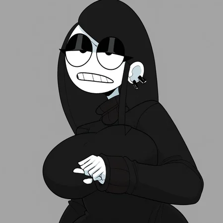 Veronica, 1girl, solo, breasts, black sweater, long hair, black hair, earrings, teeth, score_9
