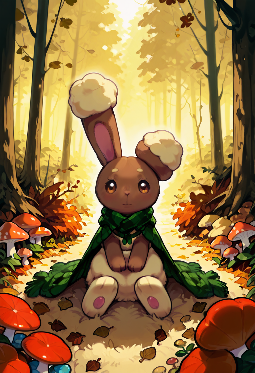 masterpiece, best quality, no humans,    zzBuneary, soft brown eyes, fluffy fur, knit scarf, forest cape, fallen leaves, mushrooms, rustic boots, warm lighting, serene forest, sitting pose, autumn aesthetic â Wrapped in a knit scarf and forest-green cape, Buneary sits among a carpet of fallen leaves and scattered mushrooms. Her paws rest on a mossy log, boots tucked beneath her. The soft golden light of the late afternoon filters through amber trees, casting a tranquil glow on her peaceful expression as she enjoys the crisp hush of autumn.   <lora:BunearyPokedex_IXL:1.0>,