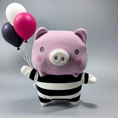 vibrant, adorable Boopig, plushie, toy, pig, snout, nostrils, simple eyes, round, plump, (mime:1.3) character, (soft texture:1.2), (purple and black stripes:1.5) body, wearing classic mime outfit, (black and white stripes:1.4), (white gloves:1.2), exaggerated facial expressions, performing invisible box act, whimsical background with colorful balloons, kawaii, fluff, fuzz, playful atmosphere, (bright lighting:1.3), by (Mary Blair:1.5) style, cheerful, high detail, trending on ArtStation.