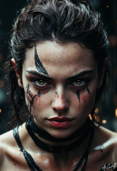A close-up of a woman's face, with skin like cracked obsidian and eyes like glacial ice, stares directly into the lens. Her dark hair is slicked back, revealing a series of intricate, tribal-like markings etched into her scalp. Her lips are a deep, burnished crimson. The subject's gaze is unblinking, her pupils constricted to tiny points. Her arms are at her sides, her hands clenched into fists. A dark, industrial cityscape looms in the background, but the subject's face fills the frame. A harsh, industrial light source casts deep shadows on her face, with a hint of warm, golden light spilling over her shoulders., fg<lora:CustomFlux/MysticFantasy.safetensors:0.25000000000000006:0.25000000000000006> <lora:CustomFlux/MysticRealism.safetensors:1.0000000000000002:1.0000000000000002> <lora:Flux/Stylized-Super-Texture.safetensors:0.6000000000000001:0.6000000000000001>