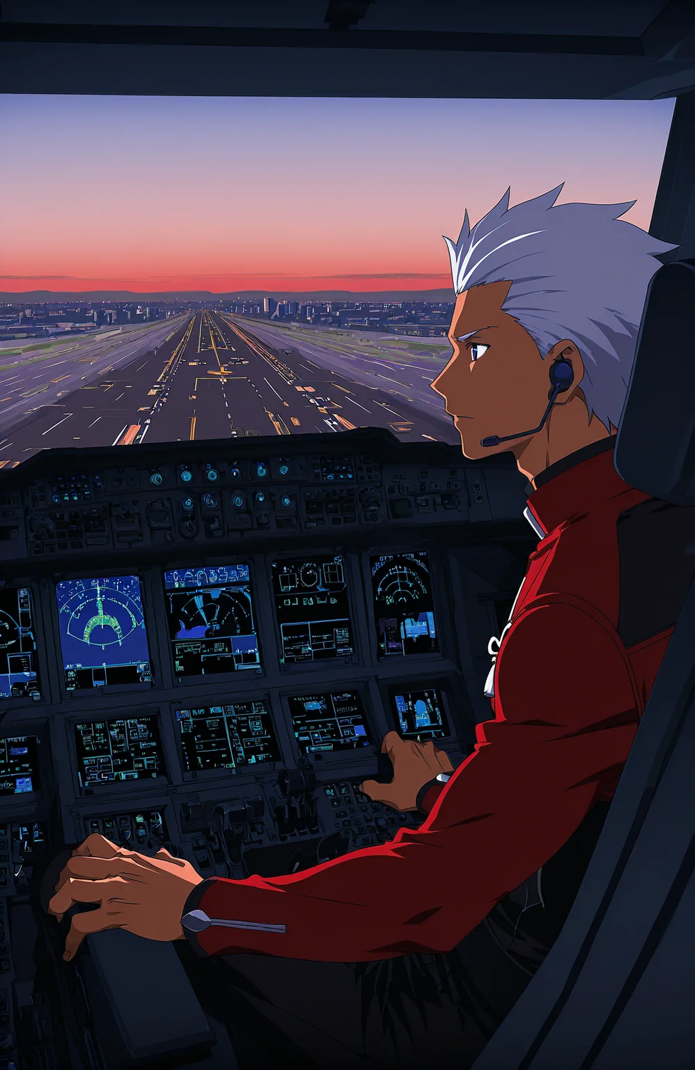 anime coloring,
<lora:[Concept - IL] A380 Cockpit (R2E10):1> a380cockpit, 
navigation display,
thrust lever,
1boy, archer \(fate\), 
sitting,
pilot uniform, headset,
from side, left side,
dusk, gradient sky,
hand on thrust lever,
runway, city skyline, cityscape,