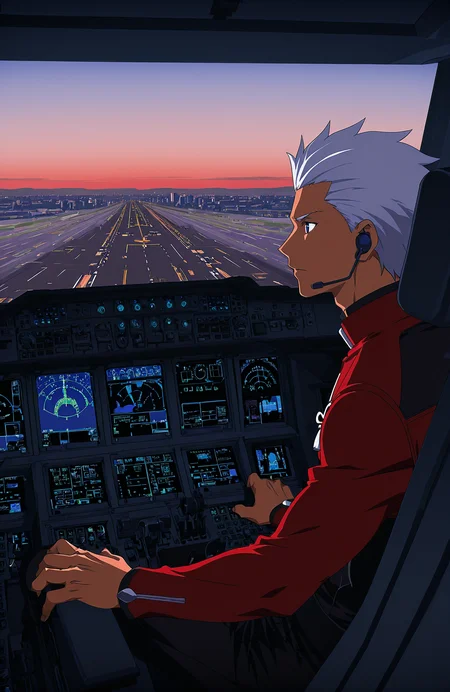 anime coloring,
<lora:[Concept - IL] A380 Cockpit (R2E10):1> a380cockpit, 
navigation display,
thrust lever,
1boy, archer \(fate\), 
sitting,
pilot uniform, headset,
from side, left side,
dusk, gradient sky,
hand on thrust lever,
runway, city skyline, cityscape,