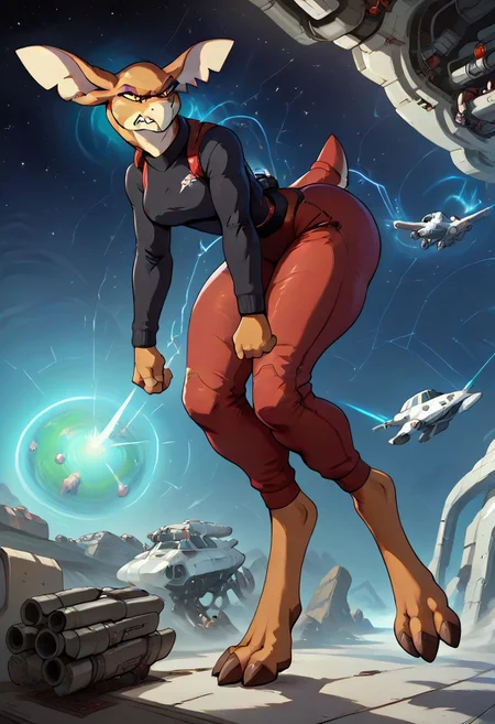 score_9, score_8_up, score_7_up, score_6_up, score_5_up, score_4_up, masterpiece,sexy girl, Stith_Titan_AE, ((scifi,spaceship, gun turret, shooting turret)),levitating, floating in space, angry expression, femdom, black sweater, thick thighs,anthro,spacesuit, jewelry, full body view, (determined), pink makeup,side view, close up view,solo