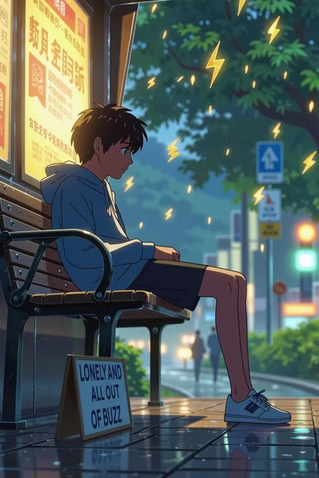 an incredibly noisy ai generated anime-styled picture where the creator has confused excessive background noise for detail, in the background there are hundreds of ⚡lightning bolt emojis made of shiny gold paper raining down to the ground as if confetti, in the foreground a long-legged tomboy anime girl with pale skin with a dark messy pixie cut and blue eyes is lying down on a bench at a secluded bus stop in the country looking lonely and as if she has been crying, she is incredibly cute in a hoodie whose sleeves go past her wrists, a pair of compression shorts, and a pleated skirt over the top, a placard sits next to her on the ground that reads in clear text "LONELY AND ALL OUT OF BUZZ"