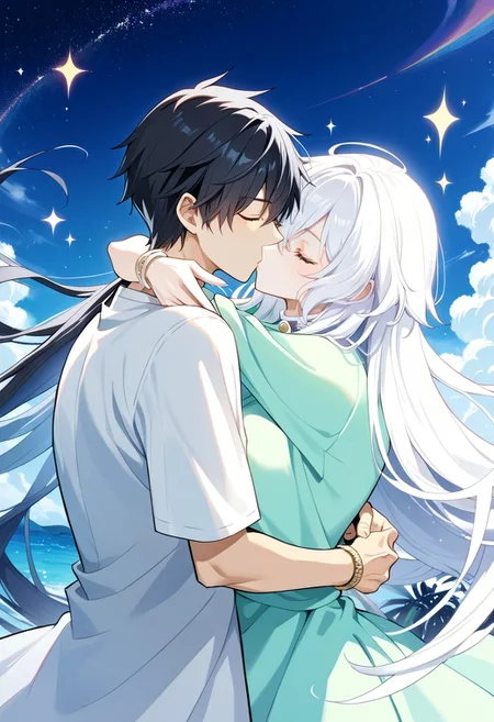 score_9,score_8_up,score_7_up,source_anime, daisy_(big_order),1girl,long hair,blue eyes,black hair,1boy,jewelry,closed eyes,white hair,hetero,bracelet,sparkle,hug,cover,couple,kiss,surprised,hug from behind,kissing cheek