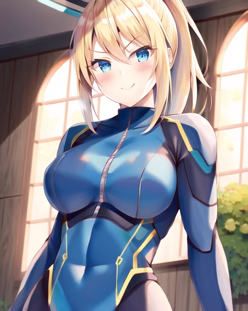 1girl, best quality, solo, perfect face, portrait, samus aran, milf, mature female, ((blonde hair)), blue eyes, ponytail, upper body, soft lighting, shy, seductive smile, closed mouth, speedl00ver-8000, ((zero suit)), bodysuit