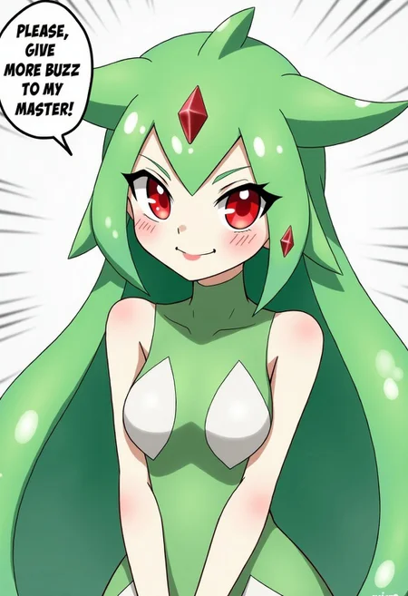 A gorgeous pokemon Gardevoir, with long green hair and beautiful red eyes and pale white skin, smiling at the camera. With a Comics text balloon over her with the following text: "Please, give more Buzz to my master!"