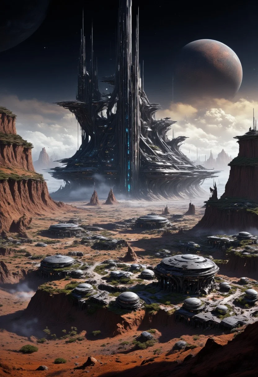 mythp0rt, masterpiece oil painting, landscape of a futuristic sci-fi moon base, gleaming metals and ceramics, domes, cratered environment, dusty, thin haze, a large planet dominating the skyline