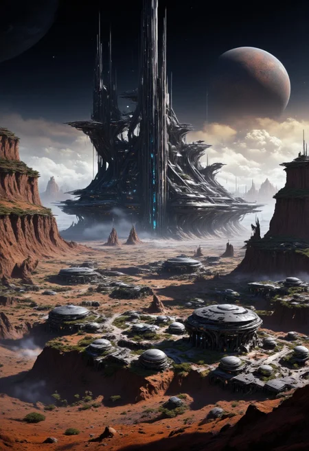 mythp0rt, masterpiece oil painting, landscape of a futuristic sci-fi moon base, gleaming metals and ceramics, domes, cratered environment, dusty, thin haze, a large planet dominating the skyline