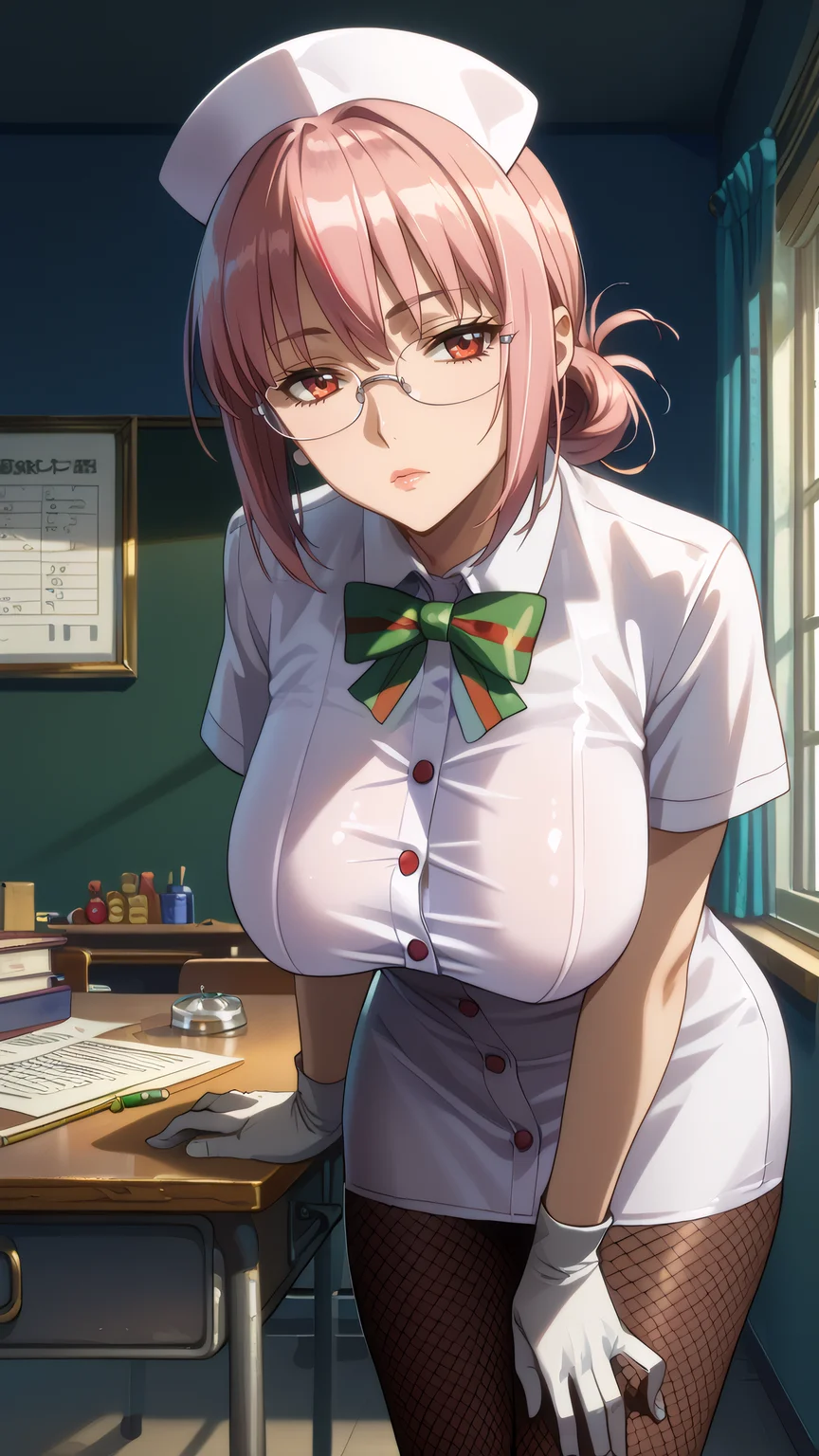 score_9, score_8_up, score_7_up, 1girl, looking at viewer, cowboy shot, mature female, <lora:Hotd_Artstyle_Dwnsty:1> , hotd-artstyle,
<lora:FlorenceNightingaleP2_Dwnsty:0.8>, flnighting_finalsanta, red eyes, pink hair, hair down, nurse cap, fishnet pantyhose, white dress, short sleeves, bowtie, white gloves, buttons, collared dress, glasses,
large breasts, lips, expressionless, puckered lips, raised eyebrows,
indoors, infirmary, desk, hands on desk, hanging breasts, leaning forward,