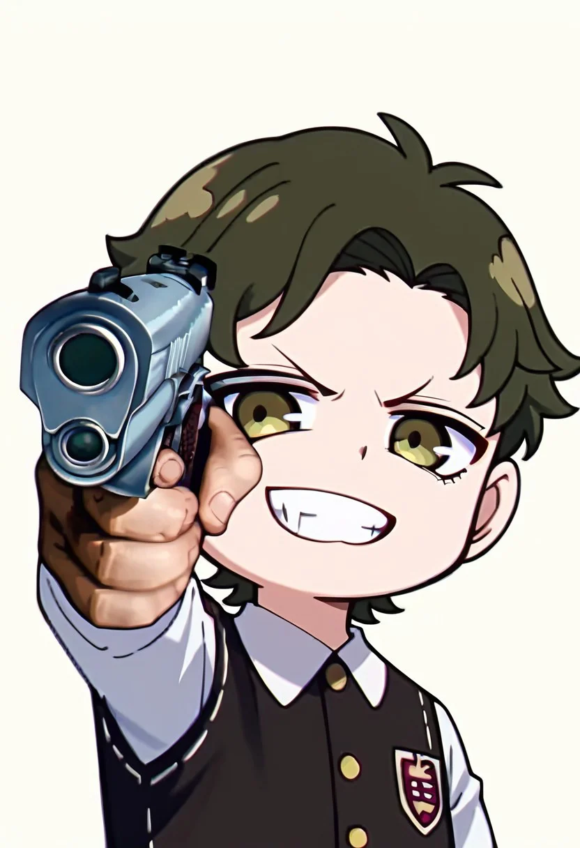 score_9, score_8_up, score_8, Emote, high quality, high res, highly detailed face, light green background, chibi, upper body close up, 1boy, Damian Desmond, Greenish Brown hair, brown eyes, eden academy school uniform, black vest, grin, holding weapon, handgun, holding gun, aiming at viewer, revolver, finger on trigger