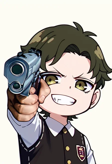 score_9, score_8_up, score_8, Emote, high quality, high res, highly detailed face, light green background, chibi, upper body close up, 1boy, Damian Desmond, Greenish Brown hair, brown eyes, eden academy school uniform, black vest, grin, holding weapon, handgun, holding gun, aiming at viewer, revolver, finger on trigger