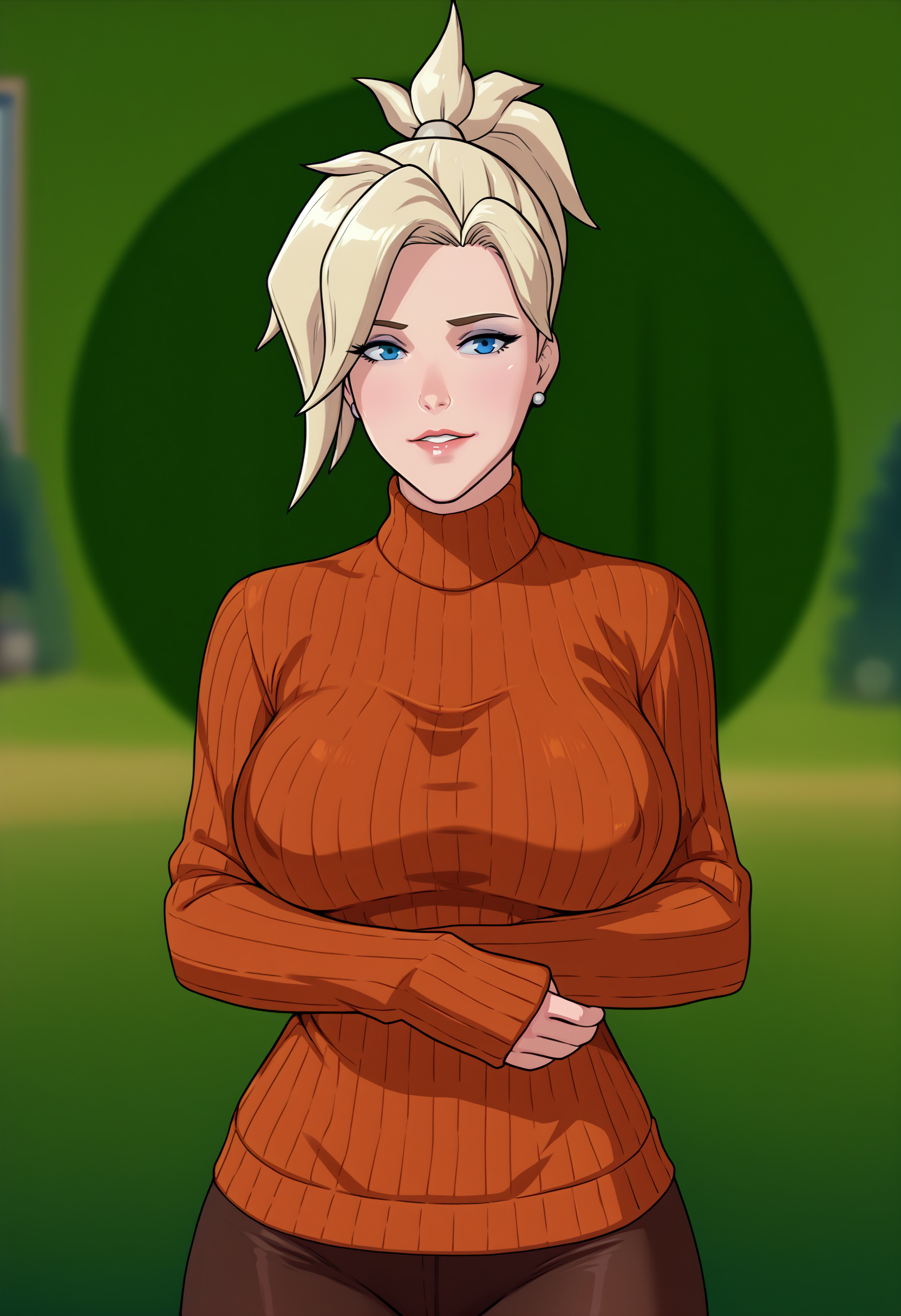 score_9, score_7_up, <lora:drivenaffairstekuho-guy-PONY-DORAv1:1>, 1girl, solo, (mercy \(overwatch\)):0.7, large breasts, mature female, presenting, depth of field, sweater