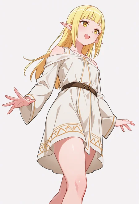 Smooth Quality,masterpiece,very intricate, high quality details, ultra realistic, high detailed skin,detailed enviorement,absurdres,
spread fingers,solo,
 <lora:Rune_Noma_CNR:0.8> rune_cnr, pointy ears, blonde hair, long hair, yellow eyes, blunt bangs, elf,, simple background, white background, from below,
walking, arms swinging, relaxed shoulders, looking forward, natural movement,  ,, :d,, robe,  ,anorak,  ,wrap skirt,  ,