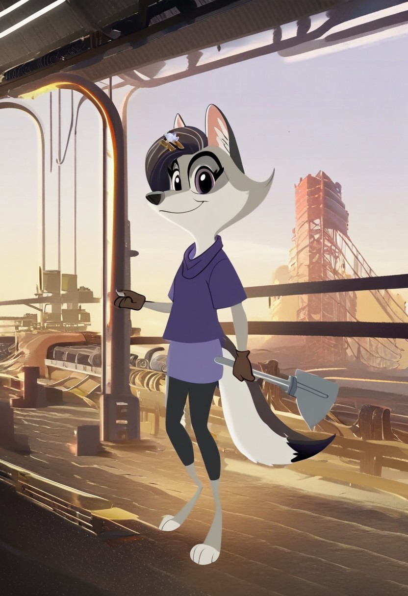 score_9,score_8,score_7,source_furry,
v10l3tw0lf,
furry female, violet_wolf, violet_wolf_great_wolf_lodge, wolf girl, female, 1girl, solo, tail, animal ears, furry, claws, looking at viewer, purple eyes, locomotive cab, locomotive cab background, short sleeves, multicolored hair, body fur, artist name, barefoot, purple shirt, official art, official style,
Stable_Yogis_PDXL_Positives, engineer, engineer hat, hat, holding a shovel, brown gloves, gloves, smile, bandana, bandana on neck, train, locomotive, indoor,