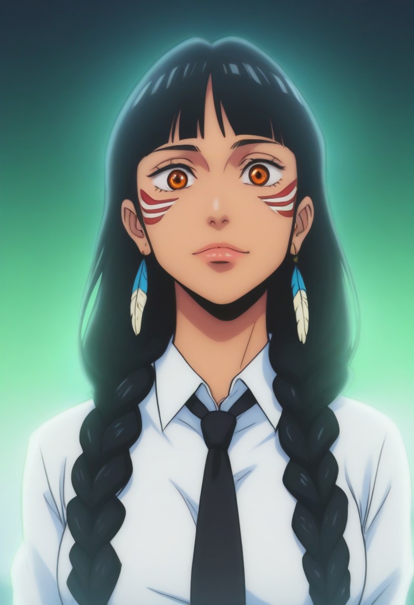 score_9, score_8_up, score_7_up, source_anime, intricate details, anime screencap, perfect balance, official art, extremely detailed CG unity 8k wallpaper, perfect lighting, Colorful, Warm_Front_face_Lighting, (masterpiece:1.0),(best_quality:1.0), ultra high res,4K,ultra-detailed, photography, 8K, HDR, highres, absurdres:1.2, Kodak portra 400, blurry background, bokeh, lens flare, (Anime) (vibrant_color:1.2), professional photograph, night, (cute_face:1.2), 2d, anime, upper body, intricate iris, American, Professional character design, 1girl, female focus, (Orange eyes), perfect eyes, (black-hair), Native American, Indigenous, American Indian, youthful, solo, jujutsu_kaisen_style, character portrait, (perfect-lighting), face, young, (Dark-black-hair), Long hair, (Native American), Indigenous, American Indian, (((wild eyes))), (Native North American), (Upturned eyes), (high cheekbones), (strong jawline), (Black Hair), ((((Native-American-Eagle-feather-braids, Native American Eagle feather accessories)))), (((wild eyes))) ((Bobbed Bangs)) (((Slanted-Eyes))) (Psycho) (Happy) (White Dress Shirt), (Warpaint), (Redwood Forest, Pacific Northwest Forests), (Inuit), (Tan skin), (Dark Skin), (Brown skin), (bobbed hair), White Eagle-Feather-Earrings, Thick Bangs, Bobbed hair, Bob-cut, White-Feather-Earrings, Brown-skin, Inuit Face-paint, Full-Bangs, Wide-Bangs, Thick-Hair, Native Face-paint, cleavage, (White Dress Shirt), (Black Suit Tie), Psycho, Yandere, big irises, Big eyes