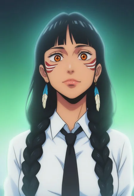 score_9, score_8_up, score_7_up, source_anime, intricate details, anime screencap, perfect balance, official art, extremely detailed CG unity 8k wallpaper, perfect lighting, Colorful, Warm_Front_face_Lighting, (masterpiece:1.0),(best_quality:1.0), ultra high res,4K,ultra-detailed, photography, 8K, HDR, highres, absurdres:1.2, Kodak portra 400, blurry background, bokeh, lens flare, (Anime) (vibrant_color:1.2), professional photograph, night, (cute_face:1.2), 2d, anime, upper body, intricate iris, American, Professional character design, 1girl, female focus, (Orange eyes), perfect eyes, (black-hair), Native American, Indigenous, American Indian, youthful, solo, jujutsu_kaisen_style, character portrait, (perfect-lighting), face, young, (Dark-black-hair), Long hair, (Native American), Indigenous, American Indian, (((wild eyes))), (Native North American), (Upturned eyes), (high cheekbones), (strong jawline), (Black Hair), ((((Native-American-Eagle-feather-braids, Native American Eagle feather accessories)))), (((wild eyes))) ((Bobbed Bangs)) (((Slanted-Eyes))) (Psycho) (Happy) (White Dress Shirt), (Warpaint), (Redwood Forest, Pacific Northwest Forests), (Inuit), (Tan skin), (Dark Skin), (Brown skin), (bobbed hair), White Eagle-Feather-Earrings, Thick Bangs, Bobbed hair, Bob-cut, White-Feather-Earrings, Brown-skin, Inuit Face-paint, Full-Bangs, Wide-Bangs, Thick-Hair, Native Face-paint, cleavage, (White Dress Shirt), (Black Suit Tie), Psycho, Yandere, big irises, Big eyes