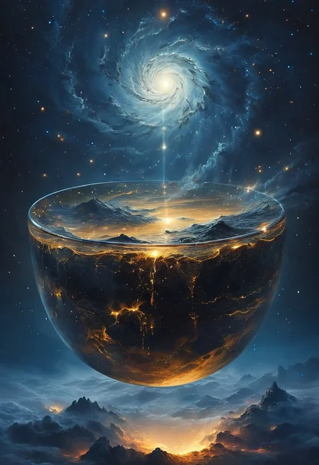A dark surreal science fiction landscape with golden coloured glass bowl living islands floating in the sky, insanely detailed, dark starry night sky, science fiction atmosphere, Sci-fi Environments, star cluster,space stars,clouds,stars,nebula,space art,, CyberRealistic_Negative, fenliexl, mixed media, surrealism, "her/his body is embedded with mechanical implants under the skin, cyberware lines embedded in her/his face